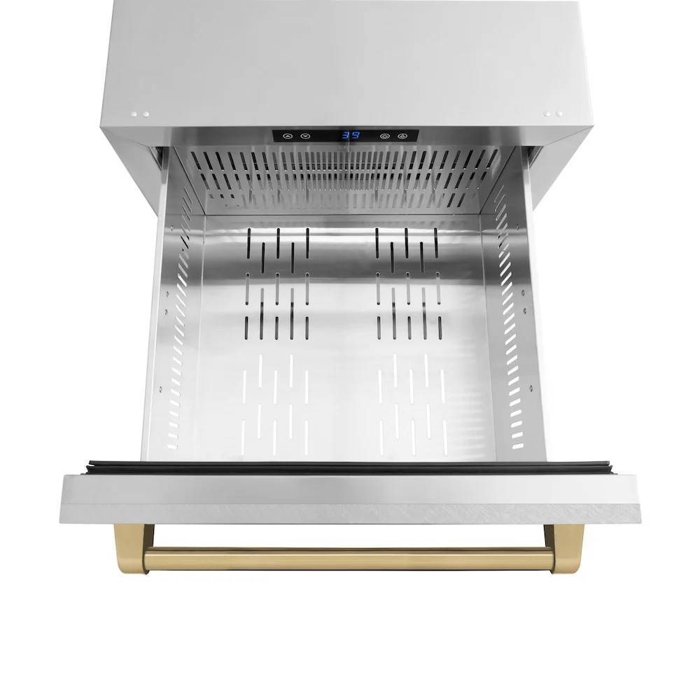 ZLINE Autograph Edition 24 in. Touchstone 168 Can Outdoor-Rated Dual Refrigerator Drawer with Satin Stainless Steel Doors and Champagne Bronze Handles (RDSOZ-SN-24-CB) - Image 6