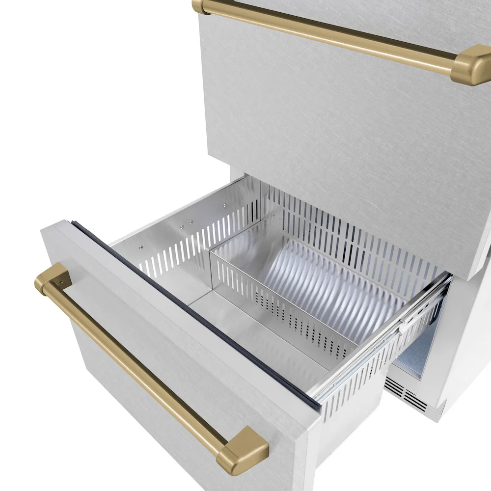 ZLINE Autograph Edition 24 in. Touchstone 168 Can Outdoor-Rated Dual Refrigerator Drawer with Satin Stainless Steel Doors and Champagne Bronze Handles (RDSOZ-SN-24-CB) - Image 7