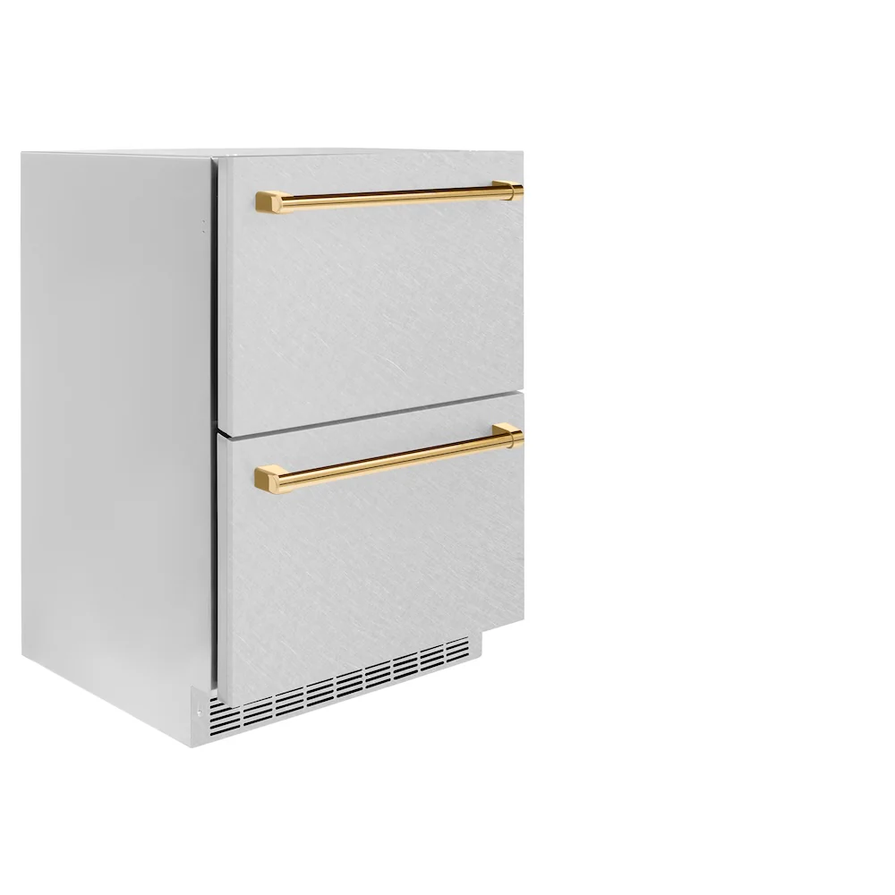ZLINE Autograph Edition 24 in. Touchstone 168 Can Outdoor-Rated Dual Refrigerator Drawer with Satin Stainless Steel Doors and Polished Gold Handles (RDSOZ-SN-24-G) - Image 3