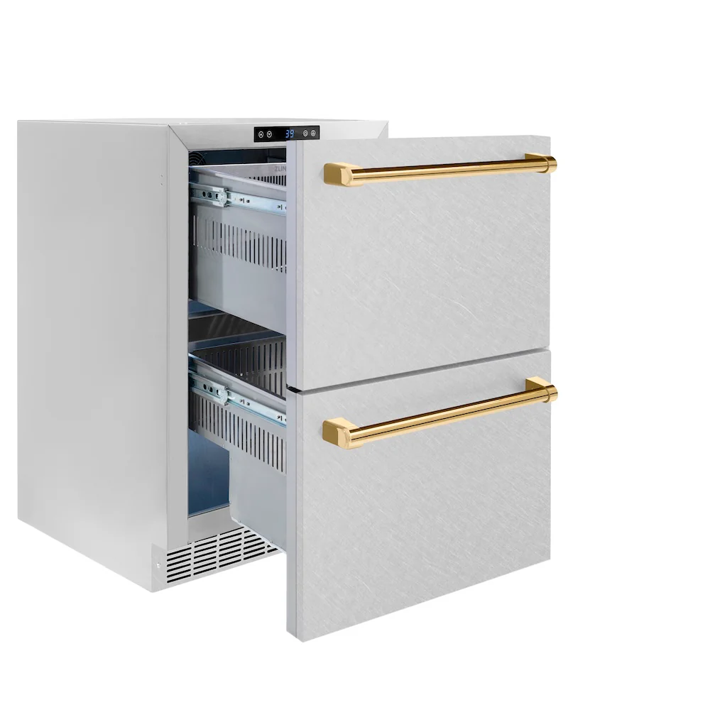 ZLINE Autograph Edition 24 in. Touchstone 168 Can Outdoor-Rated Dual Refrigerator Drawer with Satin Stainless Steel Doors and Polished Gold Handles (RDSOZ-SN-24-G) - Image 4