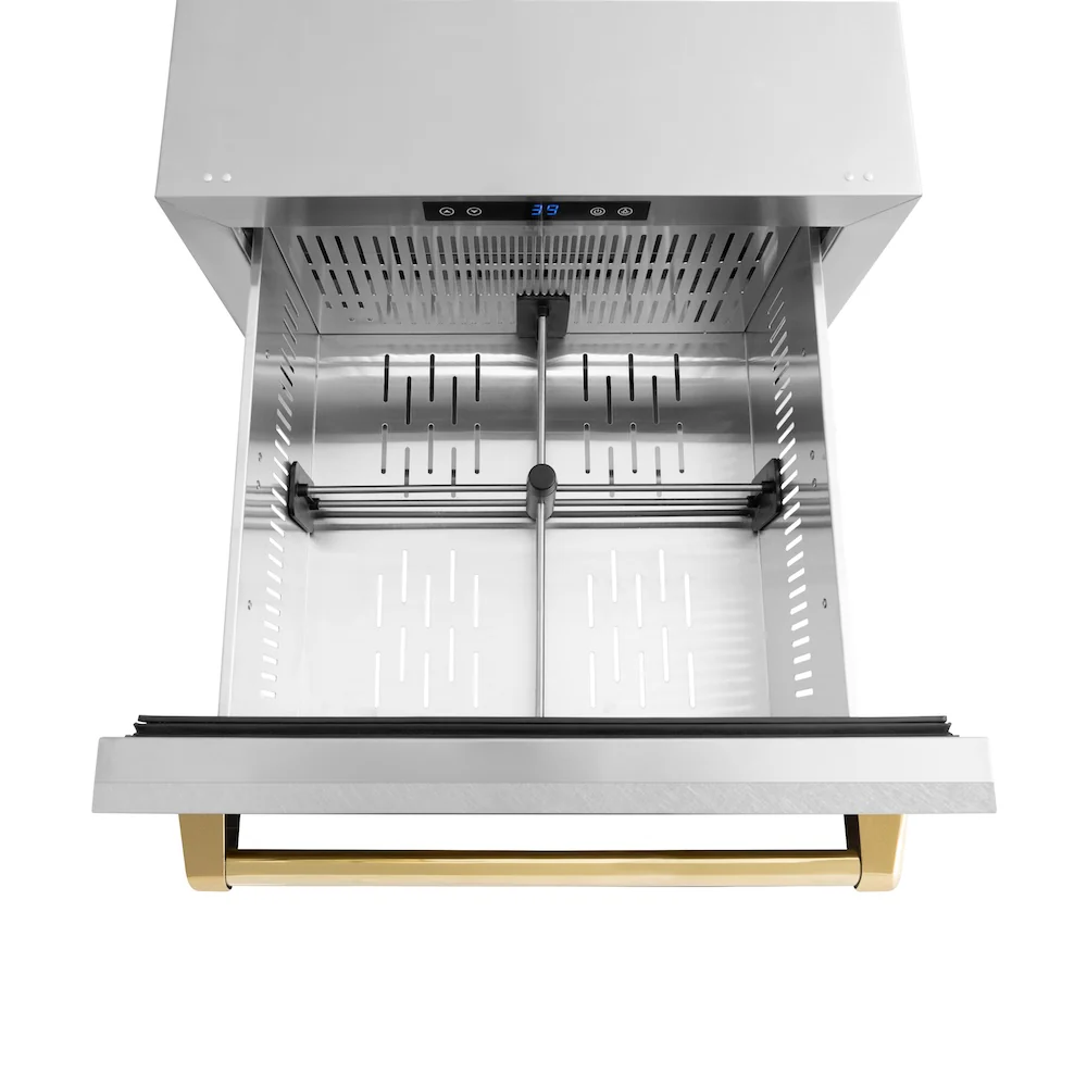 ZLINE Autograph Edition 24 in. Touchstone 168 Can Outdoor-Rated Dual Refrigerator Drawer with Satin Stainless Steel Doors and Polished Gold Handles (RDSOZ-SN-24-G) - Image 5