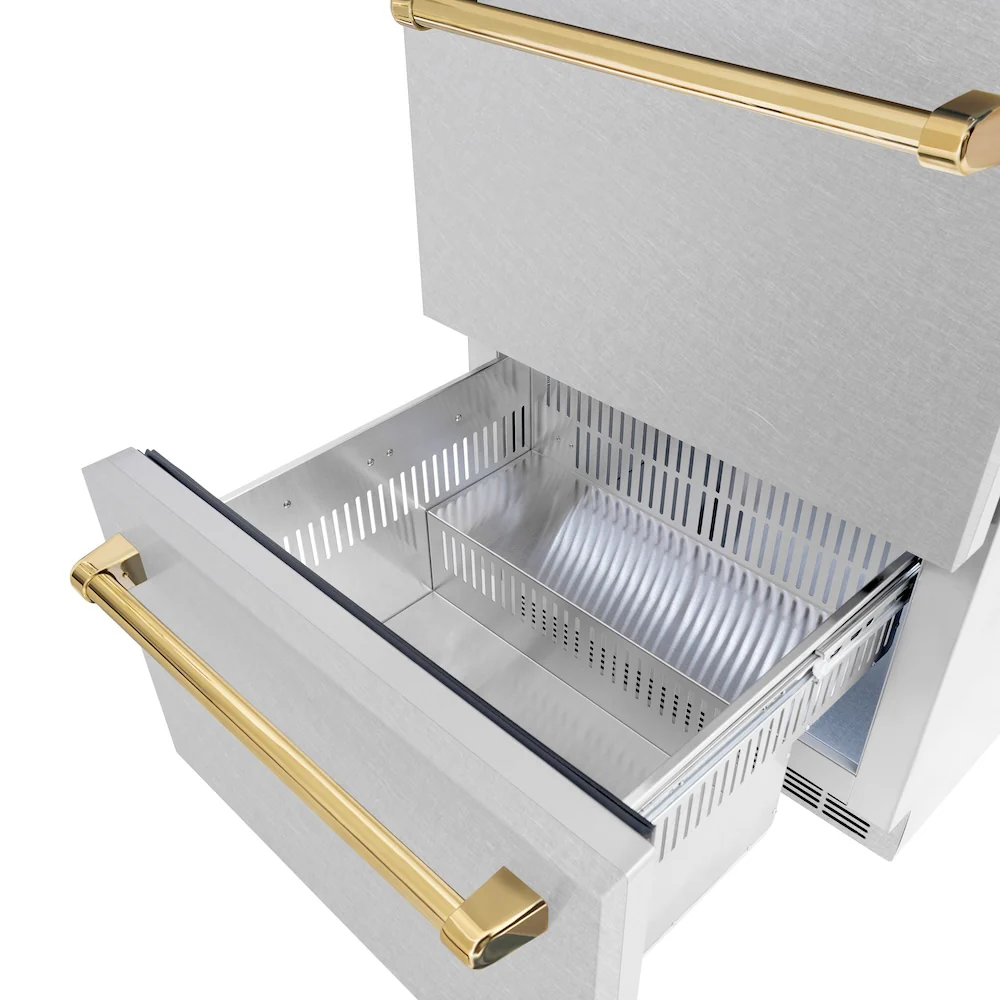 ZLINE Autograph Edition 24 in. Touchstone 168 Can Outdoor-Rated Dual Refrigerator Drawer with Satin Stainless Steel Doors and Polished Gold Handles (RDSOZ-SN-24-G) - Image 7
