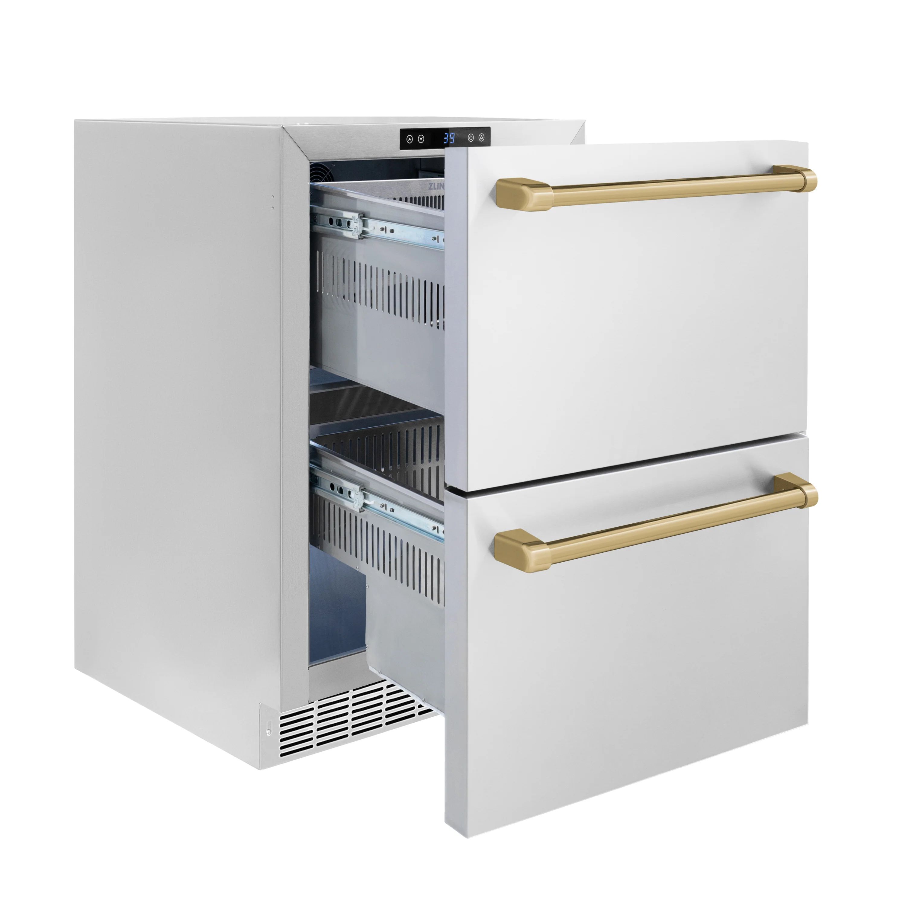 ZLINE Autograph Edition 24 in. Touchstone 168 Can Outdoor-Rated Dual Refrigerator Drawer with Stainless Steel Doors and Champagne Bronze Handles (RDSOZ-ST-24-CB) - Image 4