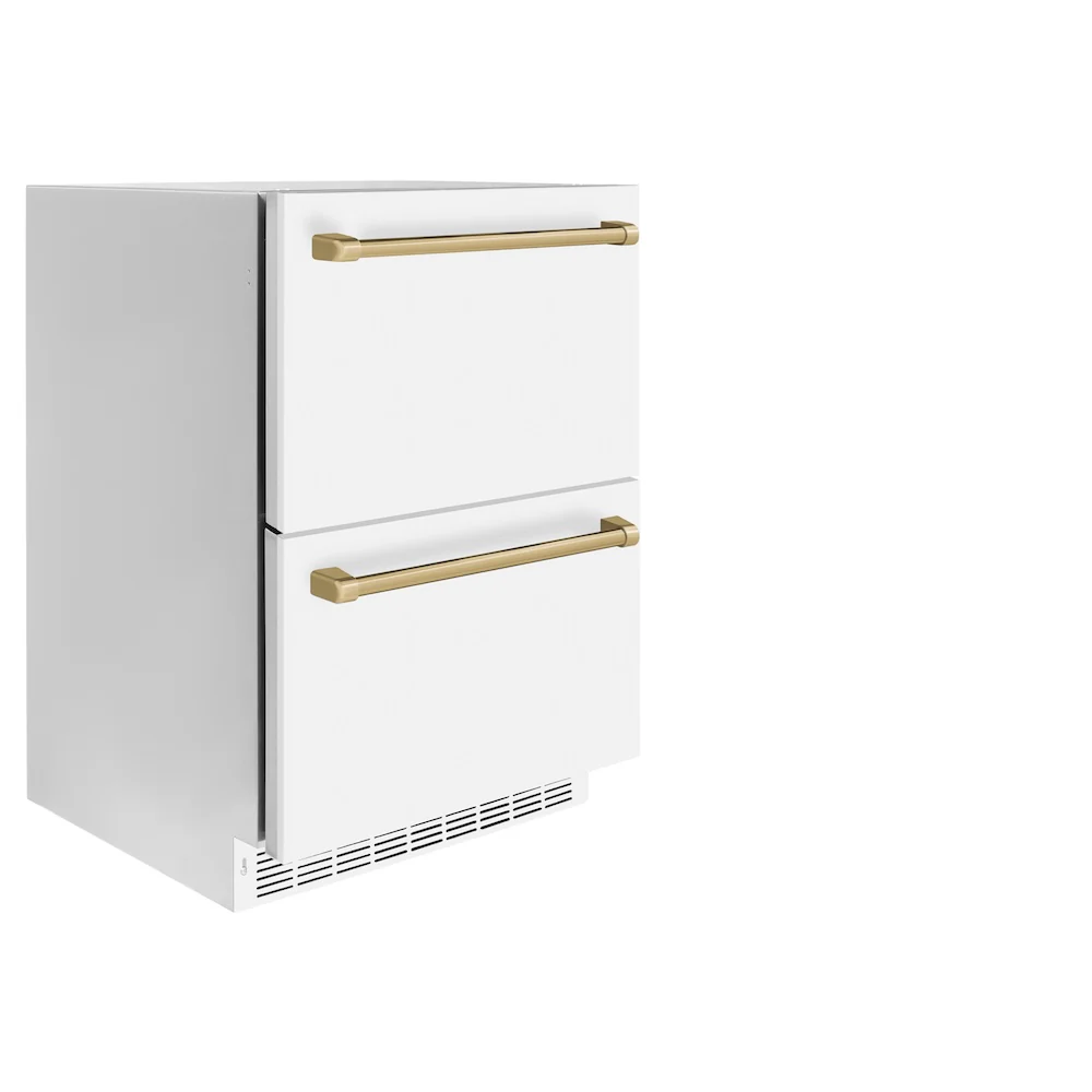 ZLINE Autograph Edition 24 in. Touchstone 168 Can Outdoor-Rated Dual Refrigerator Drawer with White Matte Doors and Champagne Bronze Handles (RDSOZ-WM-24-CB) - Image 3