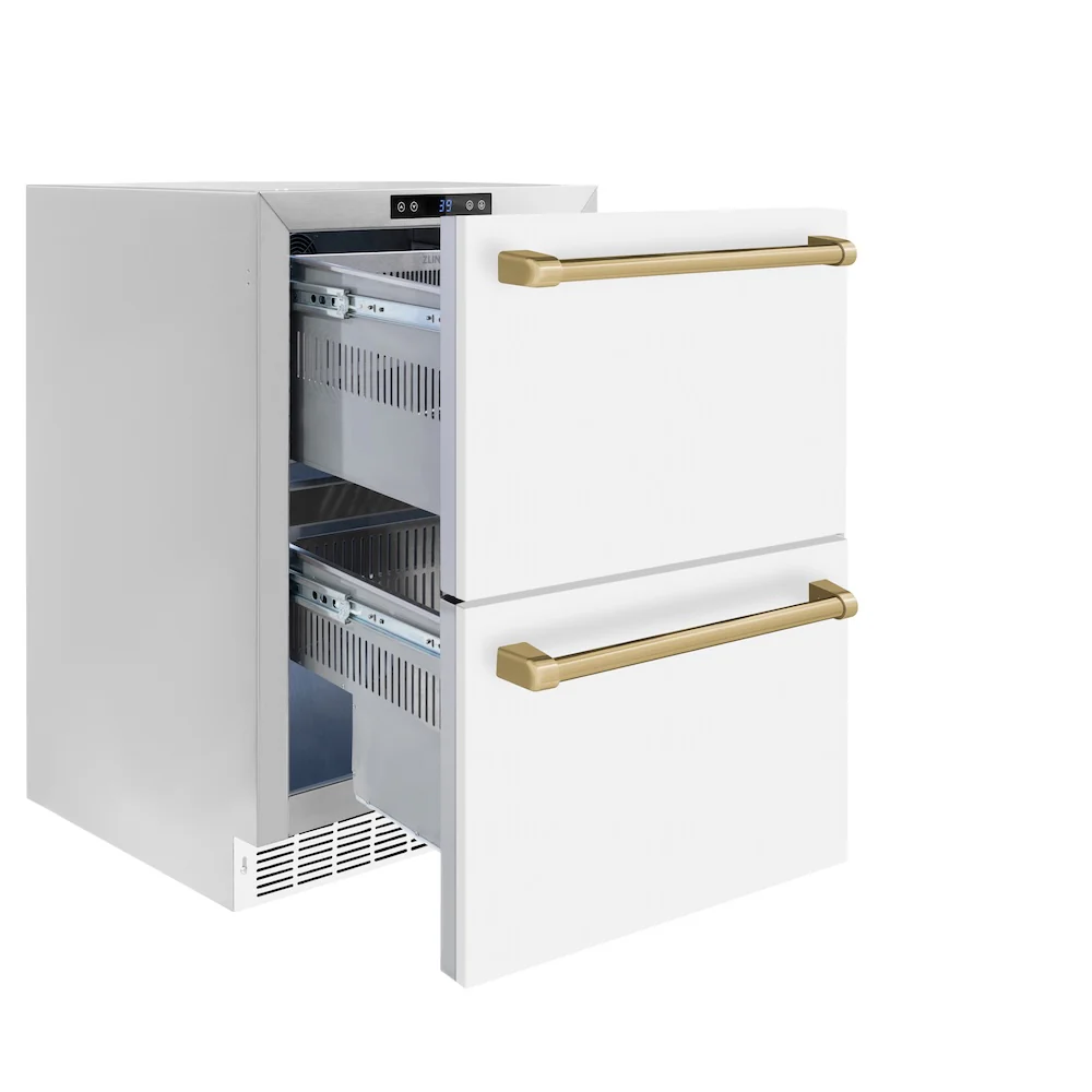 ZLINE Autograph Edition 24 in. Touchstone 168 Can Outdoor-Rated Dual Refrigerator Drawer with White Matte Doors and Champagne Bronze Handles (RDSOZ-WM-24-CB) - Image 4