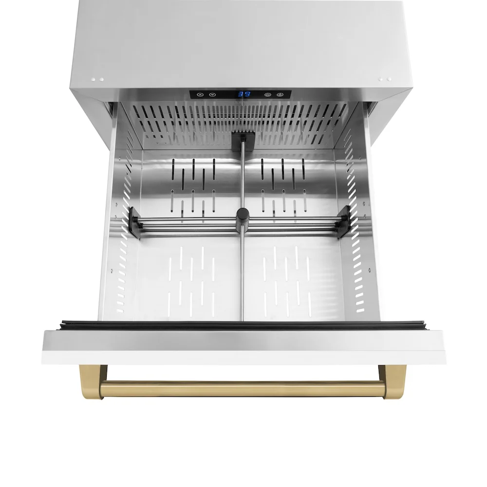 ZLINE Autograph Edition 24 in. Touchstone 168 Can Outdoor-Rated Dual Refrigerator Drawer with White Matte Doors and Champagne Bronze Handles (RDSOZ-WM-24-CB) - Image 6