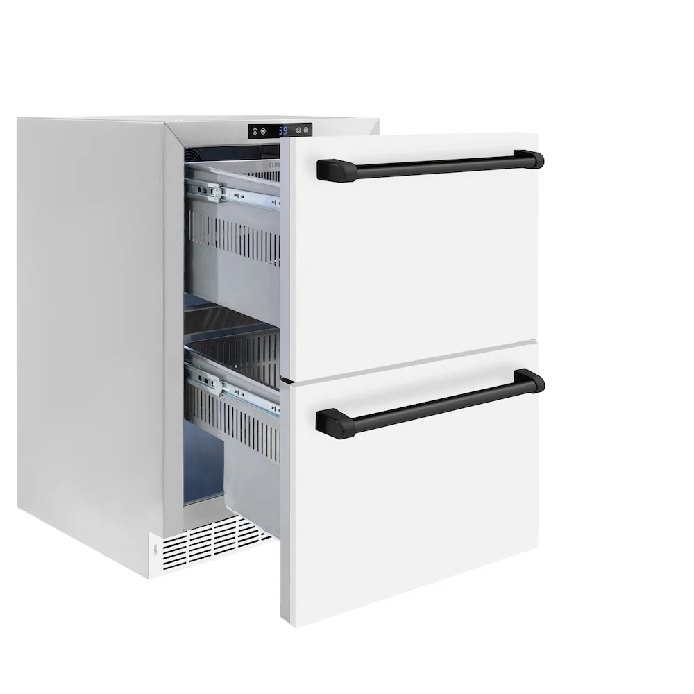 ZLINE Autograph Edition 24 in. Touchstone 168 Can Outdoor-Rated Dual Refrigerator Drawer with White Matte Doors and Matte Black Handles (RDSOZ-WM-24-MB) - Image 4