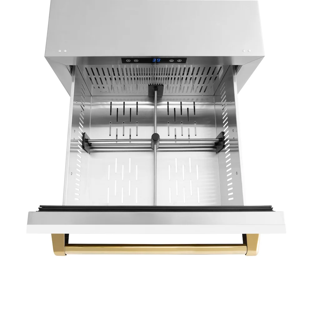 ZLINE Autograph Edition 24 in. Touchstone 168 Can Outdoor-Rated Dual Refrigerator Drawer with White Matte Doors and Polished Gold Handles (RDSOZ-WM-24-G) - Image 5