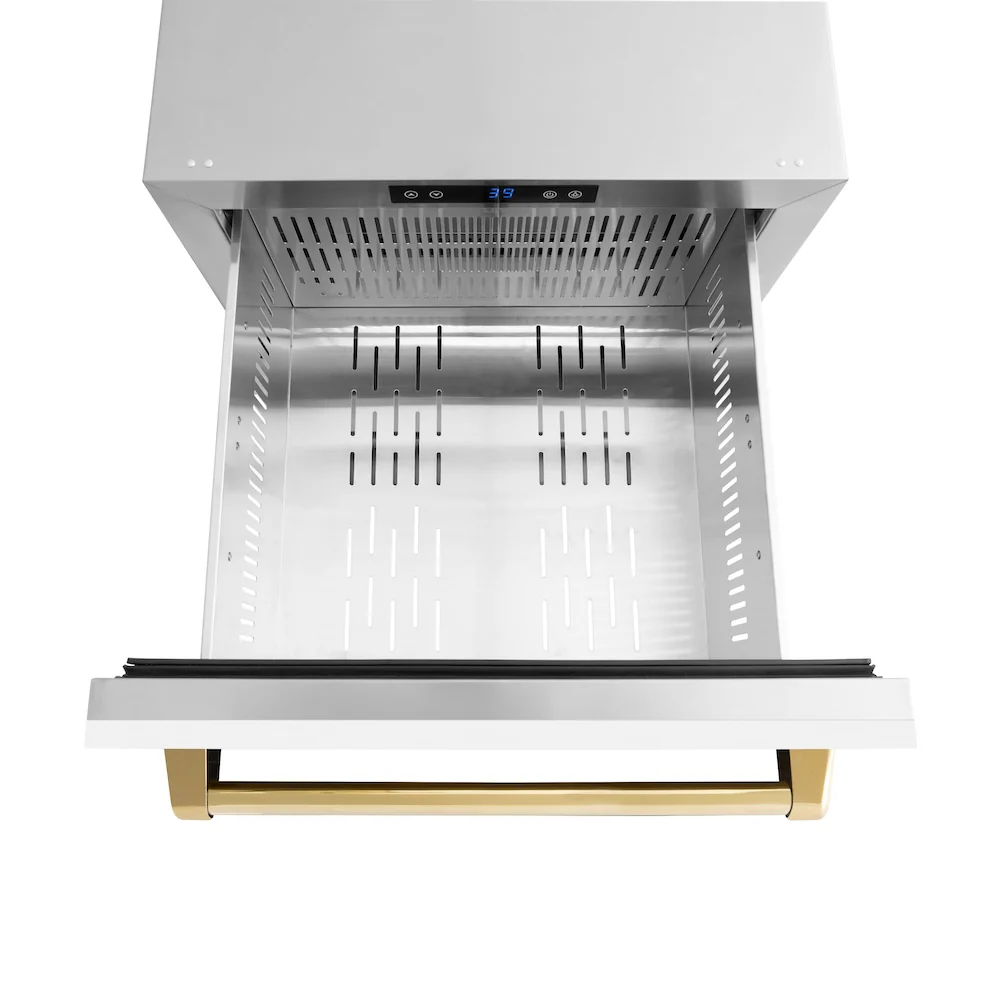 ZLINE Autograph Edition 24 in. Touchstone 168 Can Outdoor-Rated Dual Refrigerator Drawer with White Matte Doors and Polished Gold Handles (RDSOZ-WM-24-G) - Image 6