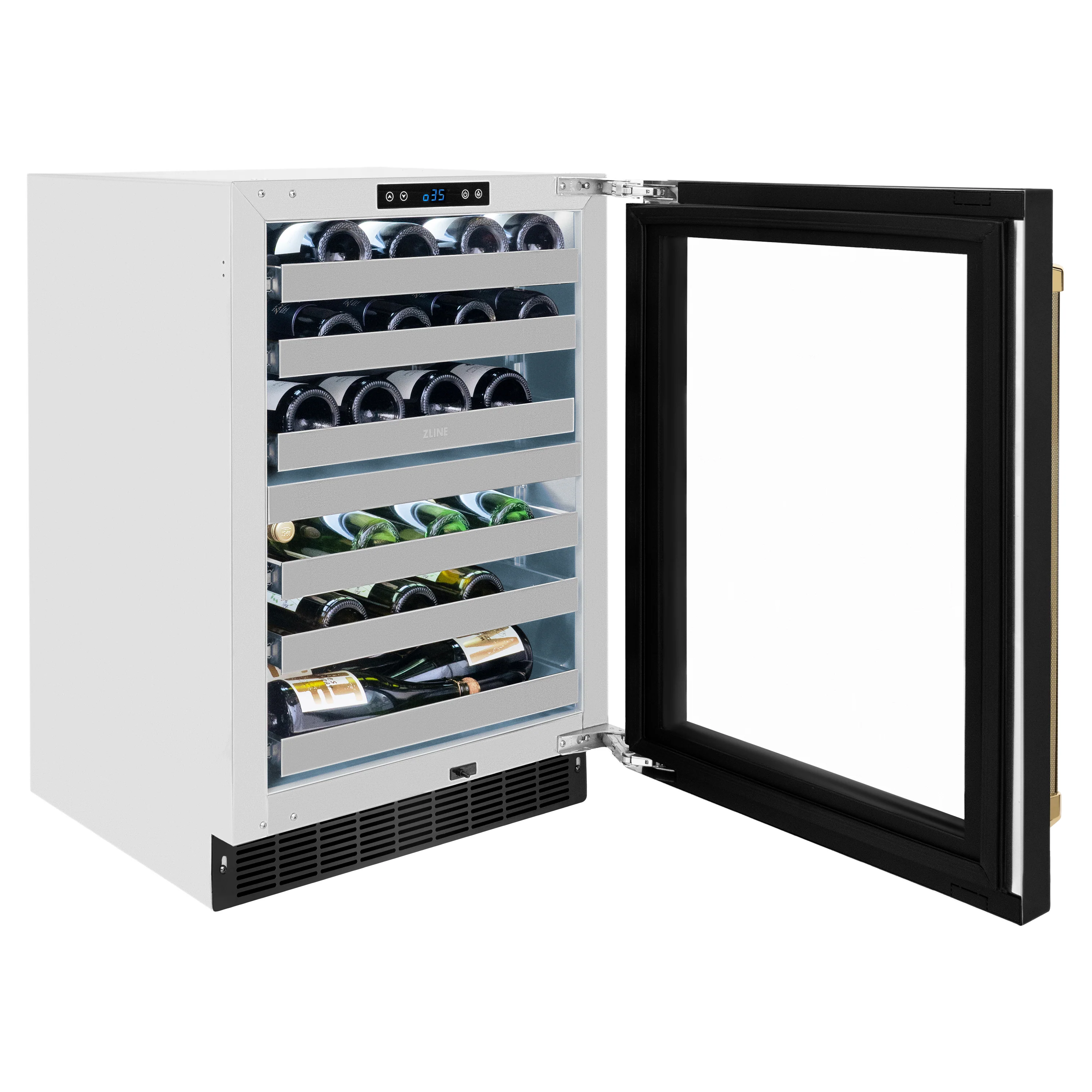 ZLINE Autograph Edition 24 in. Touchstone Dual Zone 44 Bottle Wine Cooler with Black Stainless Steel Glass Door and Polished Gold Helix Handle (RWDOZ-BS-24-KG) - Image 6