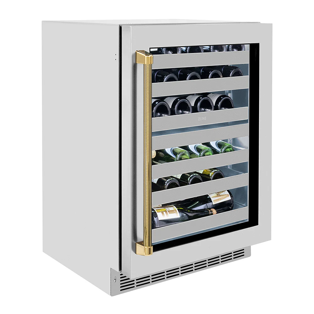 ZLINE Autograph Edition 24 in. Touchstone Dual Zone 44 Bottle Wine Cooler with Stainless Steel Glass Door and Polished Gold Helix Handle (RWDOZS-24-KG) - Image 12