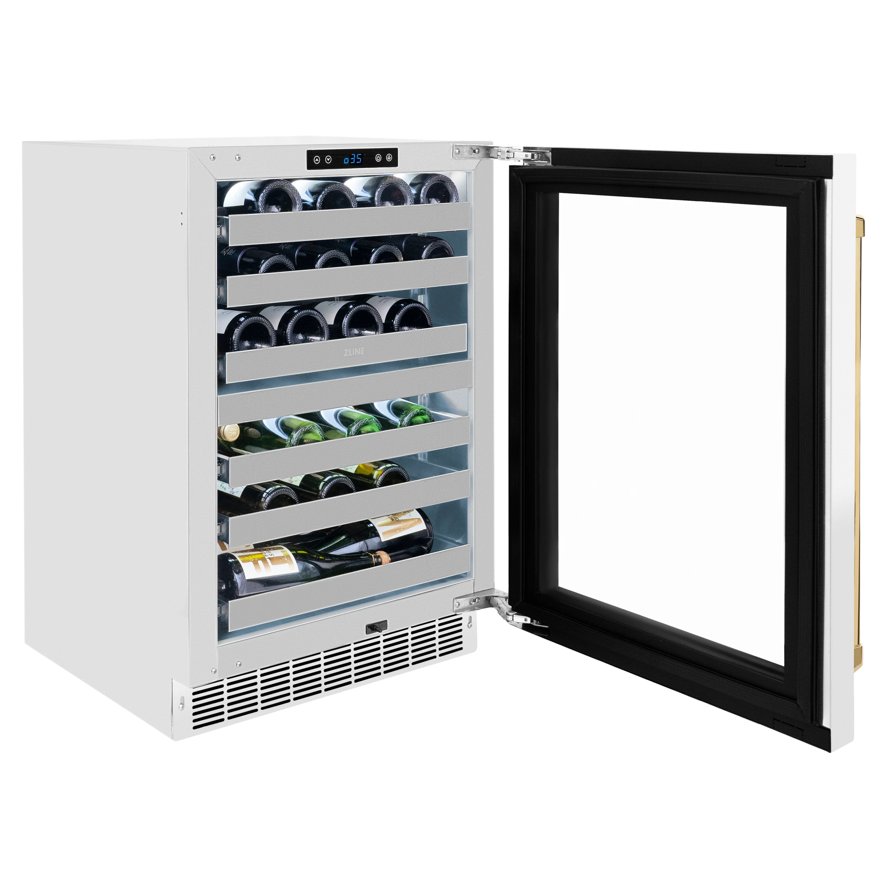 ZLINE Autograph Edition 24 in. Touchstone Dual Zone 44 Bottle Wine Cooler With White Matte Glass Door And Polished Gold Handle (RWDOZ-WM-24-G) - Image 6