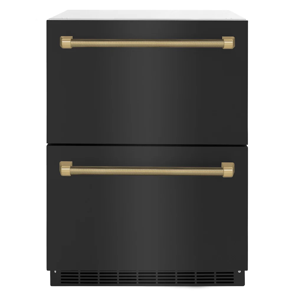 ZLINE Autograph Edition 24 in. Touchstone 168 Can Outdoor-Rated Dual Refrigerator Drawer with Black Stainless Steel Doors and Champagne Bronze Helix Handles (RDSOZ-BS-24-KCB)