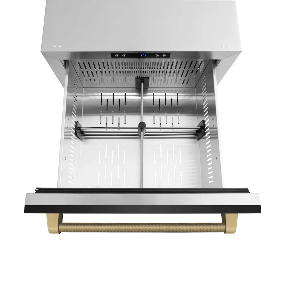 ZLINE Autograph Edition 24 in. Touchstone 168 Can Outdoor-Rated Dual Refrigerator Drawer with Black Stainless Steel Doors and Champagne Bronze Helix Handles (RDSOZ-BS-24-KCB) - Image 7