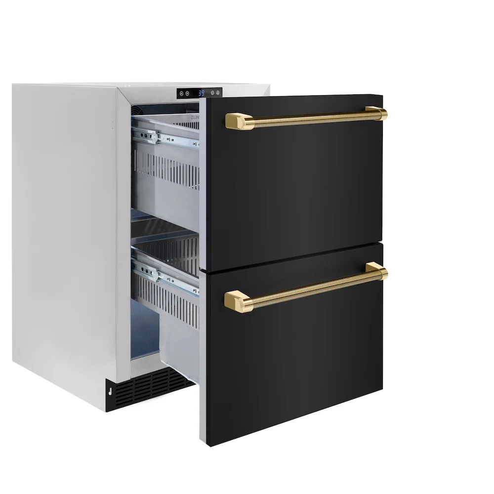 ZLINE Autograph Edition 24 in. Touchstone 168 Can Outdoor-Rated Dual Refrigerator Drawer with Black Stainless Steel Doors and Polished Gold Helix Handles (RDSOZ-BS-24-KG) - Image 5