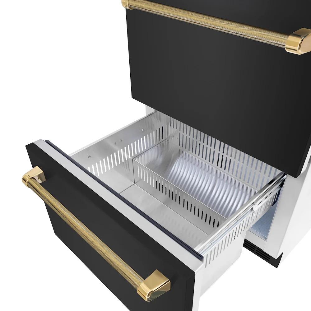ZLINE Autograph Edition 24 in. Touchstone 168 Can Outdoor-Rated Dual Refrigerator Drawer with Black Stainless Steel Doors and Polished Gold Helix Handles (RDSOZ-BS-24-KG) - Image 6