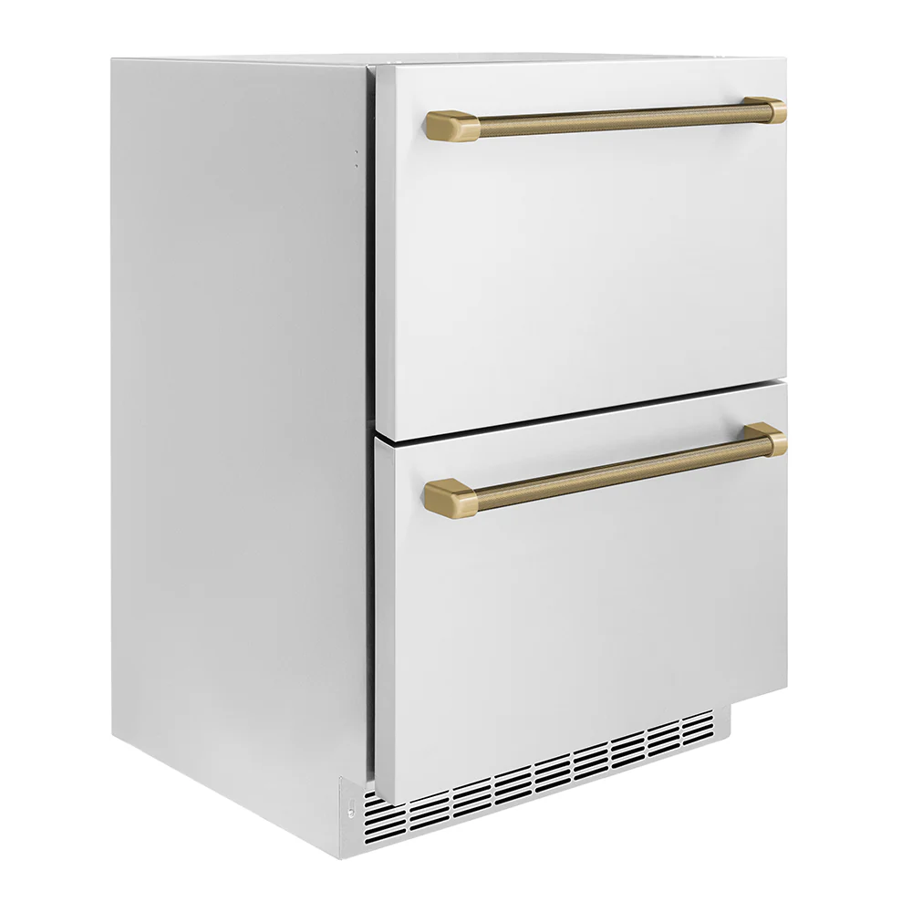ZLINE Autograph Edition 24 in. Touchstone 168 Can Outdoor-Rated Dual Refrigerator Drawer with Stainless Steel Doors and Champagne Bronze Helix Handles (RDSOZ-ST-24-KCB) - Image 3