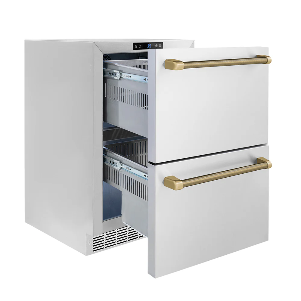 ZLINE Autograph Edition 24 in. Touchstone 168 Can Outdoor-Rated Dual Refrigerator Drawer with Stainless Steel Doors and Champagne Bronze Helix Handles (RDSOZ-ST-24-KCB) - Image 4