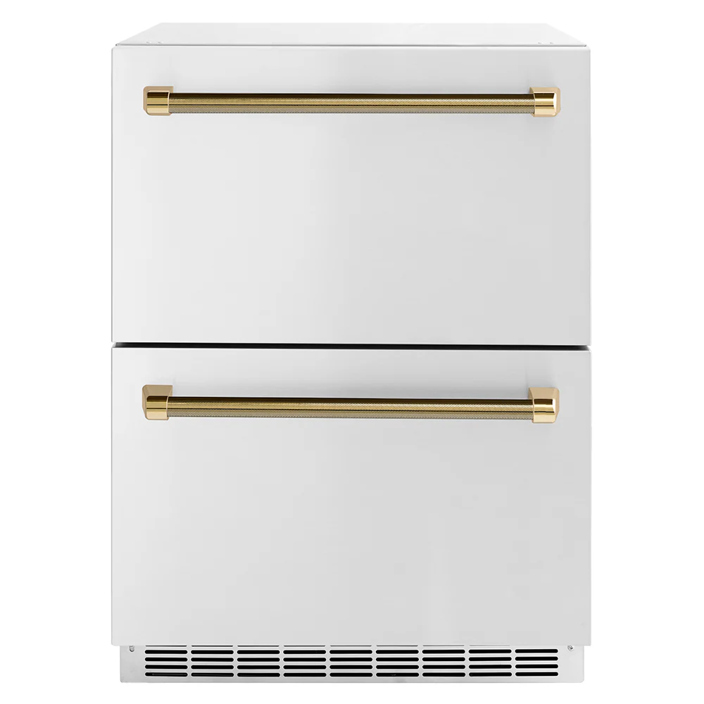ZLINE Autograph Edition 24 in. Touchstone 168 Can Outdoor-Rated Dual Refrigerator Drawer with Stainless Steel Doors and Polished Gold Helix Handles (RDSOZ-ST-24-KG)