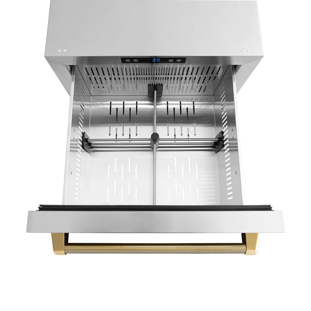 ZLINE Autograph Edition 24 in. Touchstone 168 Can Outdoor-Rated Dual Refrigerator Drawer with Stainless Steel Doors and Polished Gold Helix Handles (RDSOZ-ST-24-KG) - Image 5