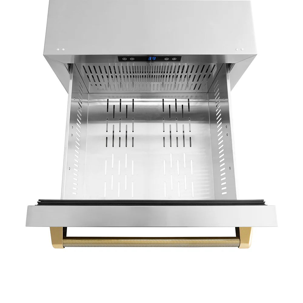ZLINE Autograph Edition 24 in. Touchstone 168 Can Outdoor-Rated Dual Refrigerator Drawer with Stainless Steel Doors and Polished Gold Helix Handles (RDSOZ-ST-24-KG) - Image 6