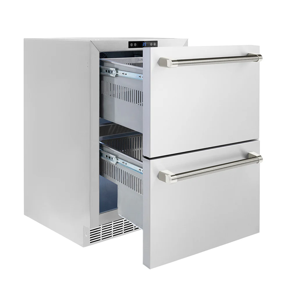 ZLINE Autograph Edition 24 in. Touchstone 168 Can Outdoor-Rated Dual Refrigerator Drawer with Stainless Steel Doors and Polished Nickel Helix Handles (RDSOZ-ST-24-KPN) - Image 11