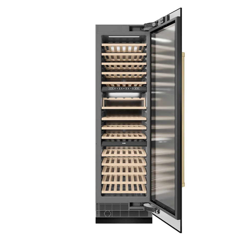 ZLINE Autograph Edition 24 in. 12.4 cu. ft. Triple Zone 100 Bottle Column Wine Cooler in Black Stainless Steel and Champagne Bronze Accents (RCWVZ-BS-24-CB)