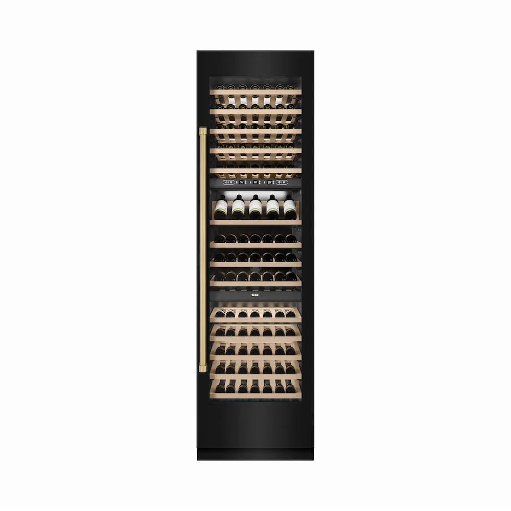 ZLINE Autograph Edition 24 in. 12.4 cu. ft. Triple Zone 100 Bottle Column Wine Cooler in Black Stainless Steel and Champagne Bronze Accents (RCWVZ-BS-24-CB) - Image 2