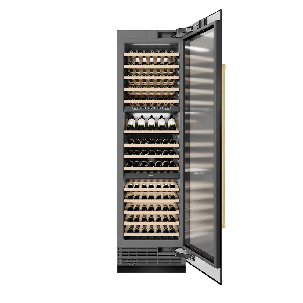 ZLINE Autograph Edition 24 in. 12.4 cu. ft. Triple Zone 100 Bottle Column Wine Cooler in Black Stainless Steel and Polished Gold Accents (RCWVZ-BS-24-G) - Image 3