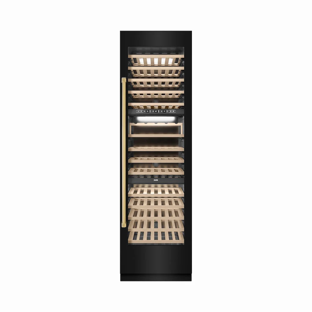 ZLINE Autograph Edition 24 in. 12.4 cu. ft. Triple Zone 100 Bottle Column Wine Cooler in Black Stainless Steel and Polished Gold Accents (RCWVZ-BS-24-G) - Image 4