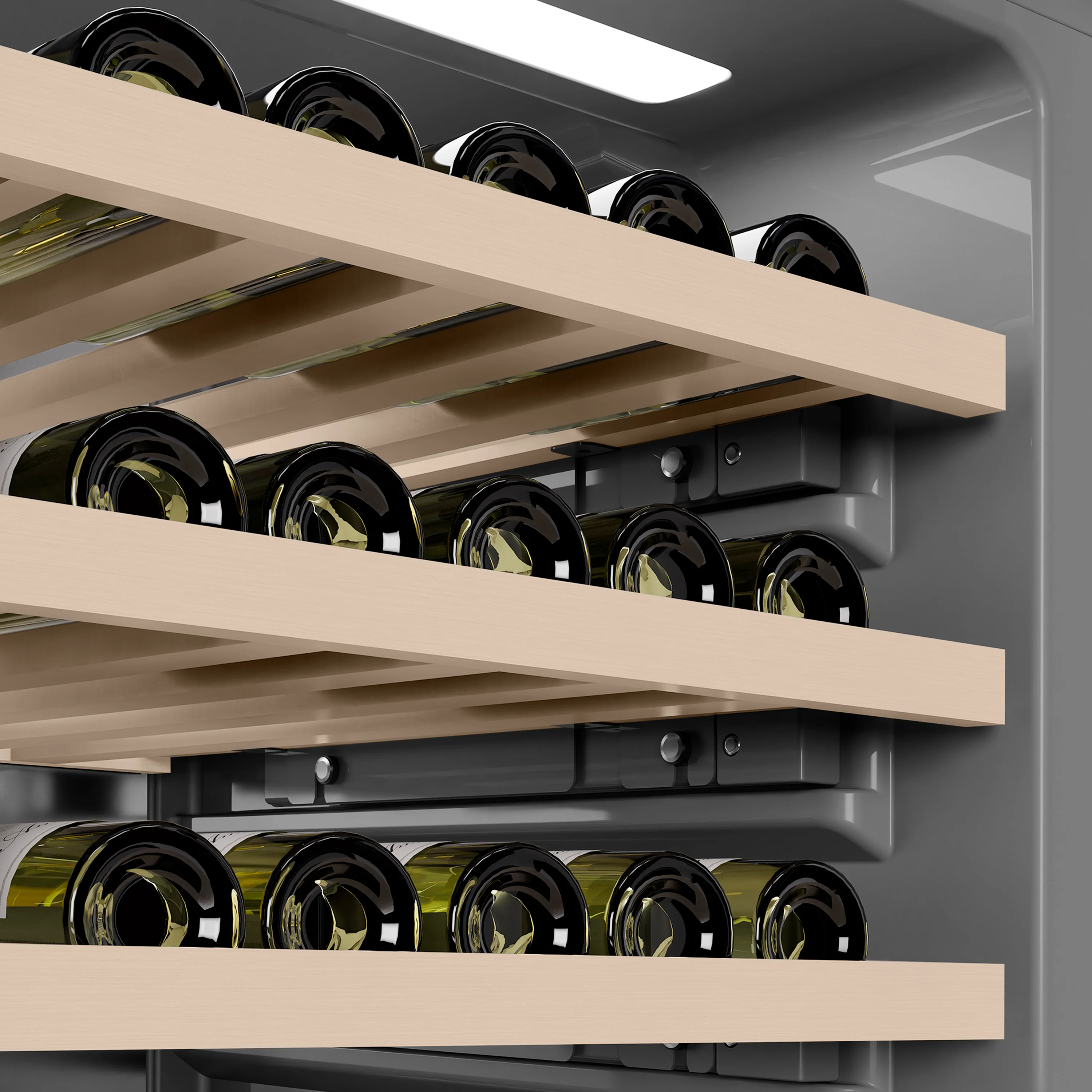 ZLINE Autograph Edition 24 in. 12.4 cu. ft. Triple Zone 100 Bottle Column Wine Cooler in Satin Stainless Steel and Champagne Bronze Accents (RCWVZ-SN-24-CB) - Image 10