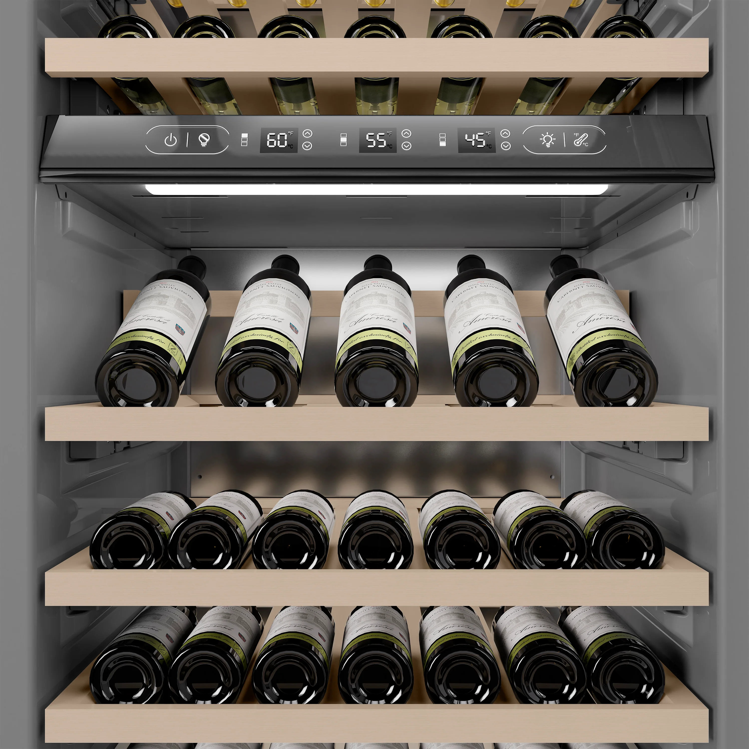 ZLINE Autograph Edition 24 in. 12.4 cu. ft. Triple Zone 100 Bottle Column Wine Cooler in Satin Stainless Steel and Champagne Bronze Accents (RCWVZ-SN-24-CB) - Image 12