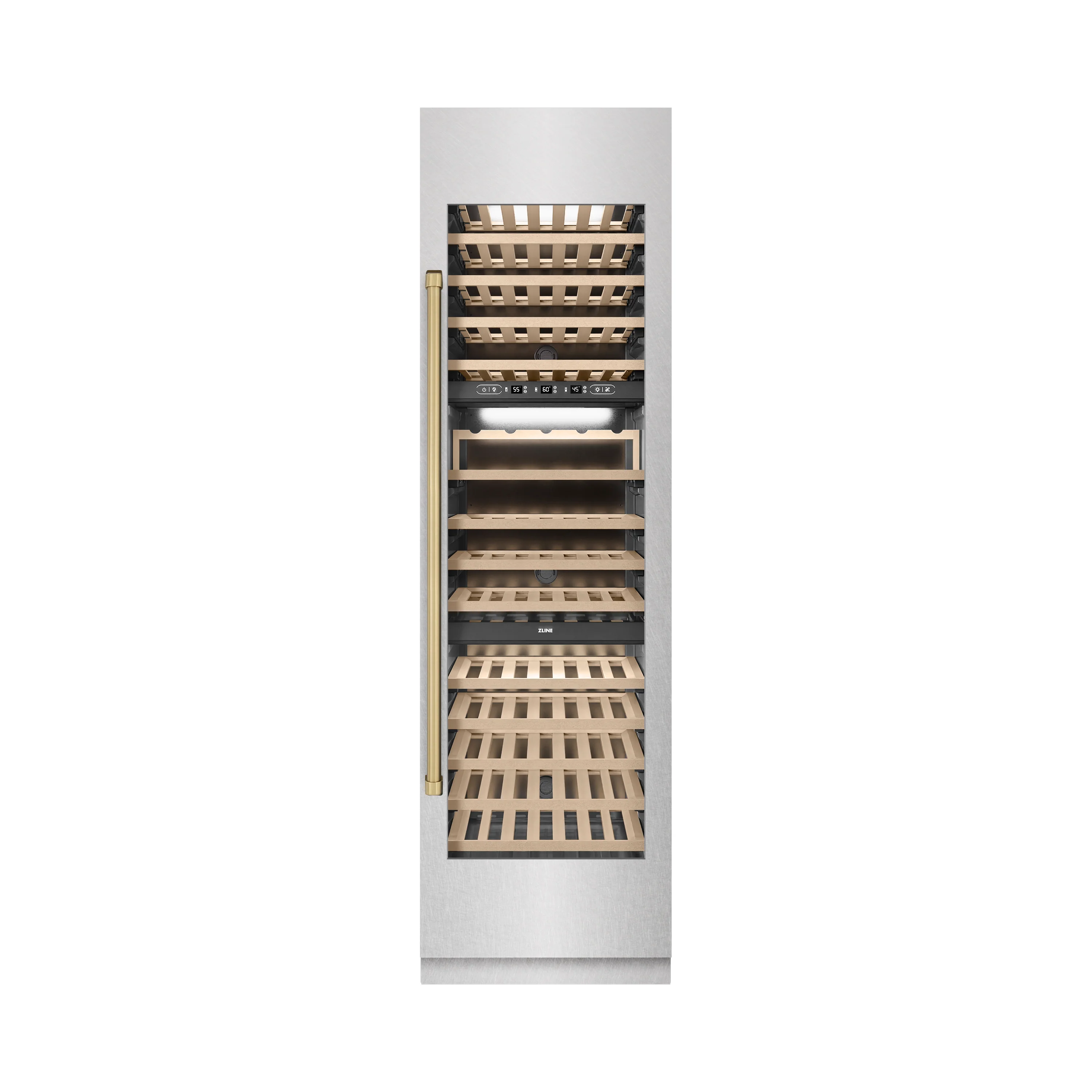 ZLINE Autograph Edition 24 in. 12.4 cu. ft. Triple Zone 100 Bottle Column Wine Cooler in Satin Stainless Steel and Champagne Bronze Accents (RCWVZ-SN-24-CB) - Image 3