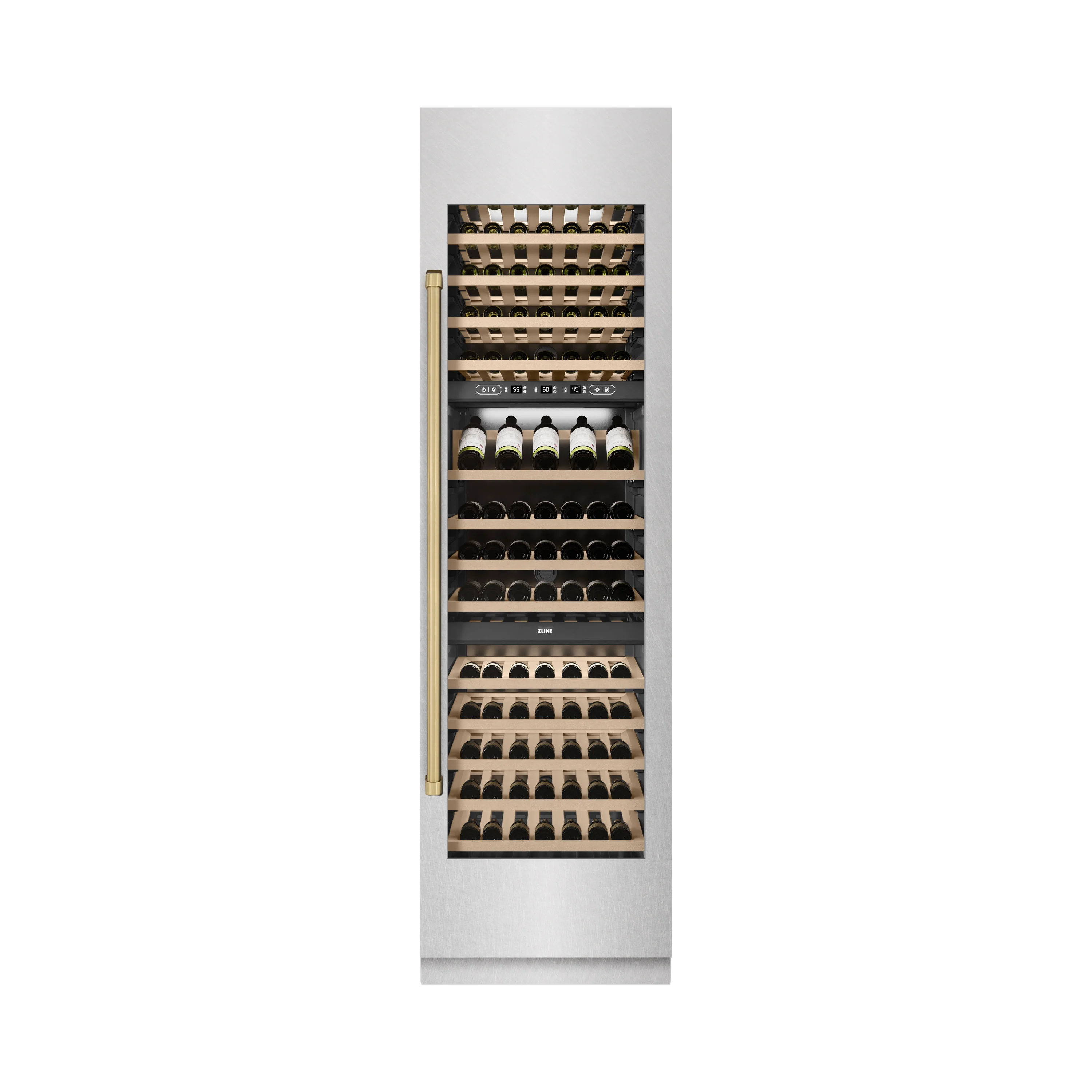 ZLINE Autograph Edition 24 in. 12.4 cu. ft. Triple Zone 100 Bottle Column Wine Cooler in Satin Stainless Steel and Champagne Bronze Accents (RCWVZ-SN-24-CB) - Image 4