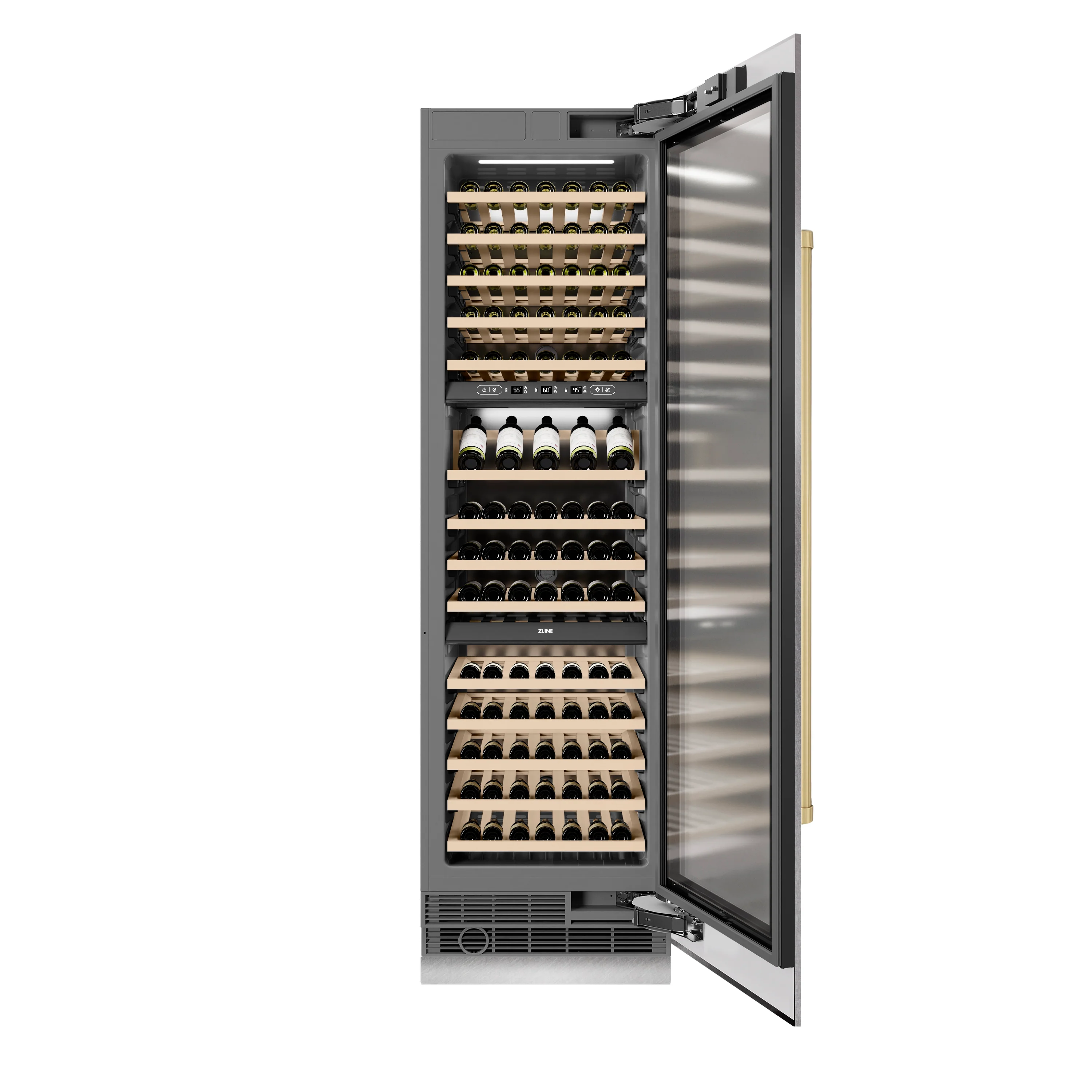 ZLINE Autograph Edition 24 in. 12.4 cu. ft. Triple Zone 100 Bottle Column Wine Cooler in Satin Stainless Steel and Champagne Bronze Accents (RCWVZ-SN-24-CB) - Image 5