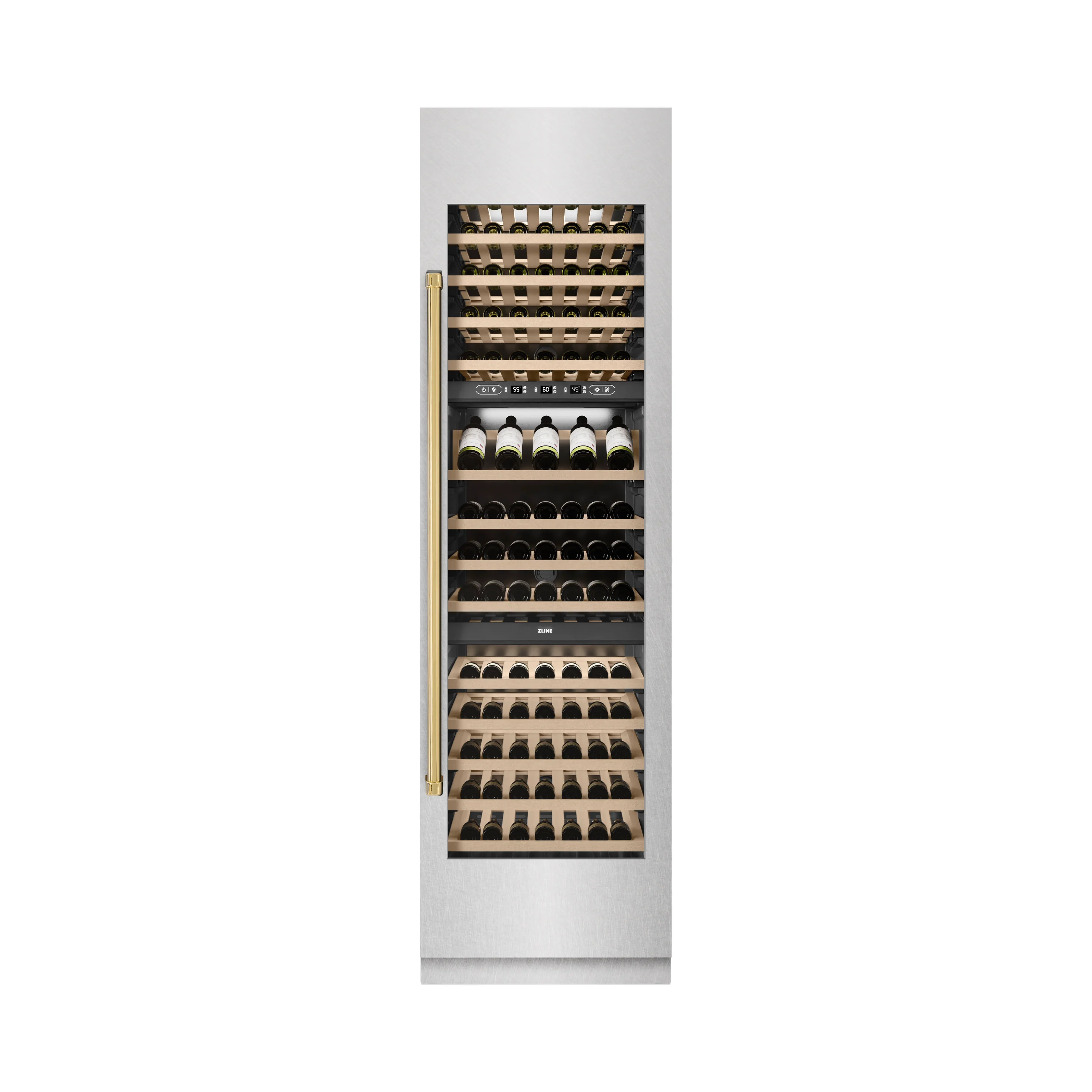 ZLINE Autograph Edition 24 in. 12.4 cu. ft. Triple Zone 100 Bottle Column Wine Cooler in Satin Stainless Steel and Polished Gold Accents (RCWVZ-SN-24-G) - Image 4