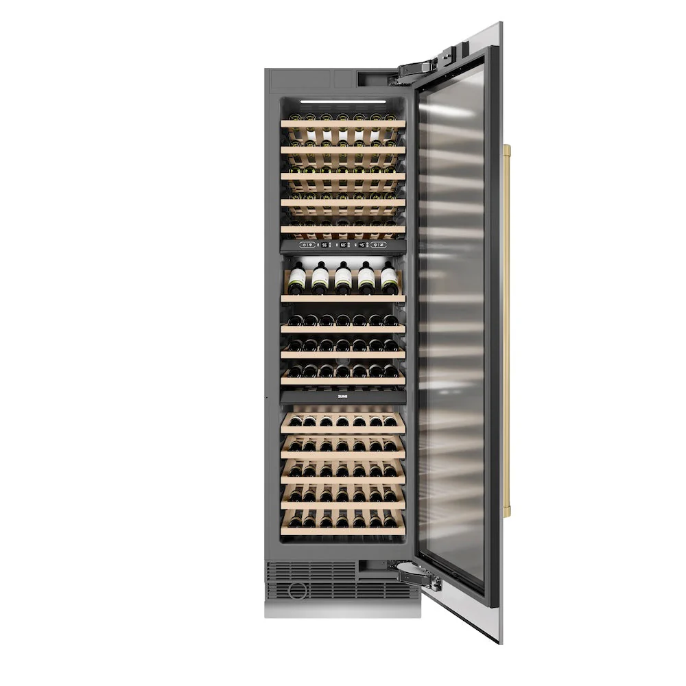 ZLINE Autograph Edition 24 in. 12.4 cu. ft. Triple Zone 100 Bottle Column Wine Cooler in Stainless Steel and Champagne Bronze Accents (RCWVZ-304-24-CB) - Image 3