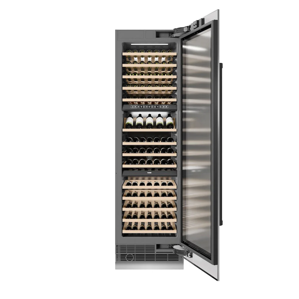 ZLINE Autograph Edition 24 in. 12.4 cu. ft. Triple Zone 100 Bottle Column Wine Cooler in Stainless Steel and Matte Black Accents (RCWVZ-304-24-MB) - Image 3
