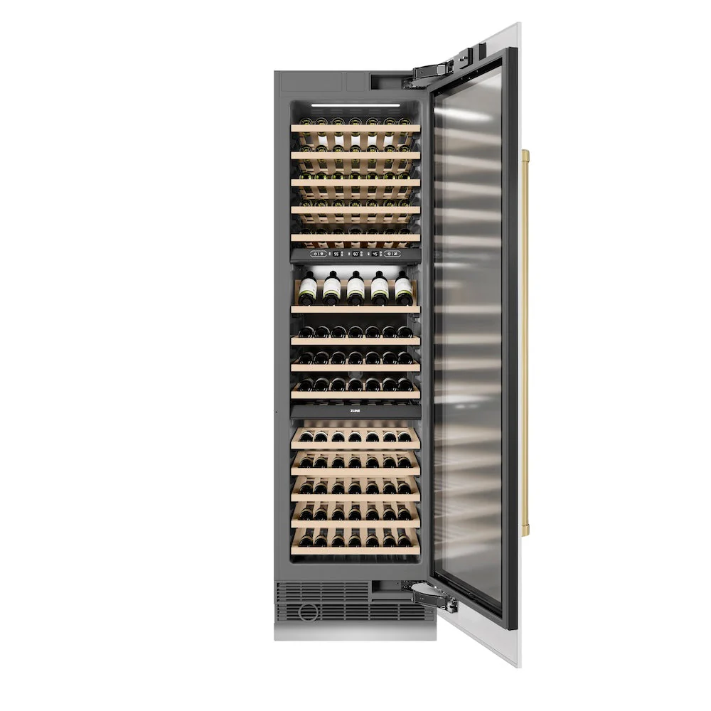 ZLINE Autograph Edition 24 in. 12.4 cu. ft. Triple Zone 100 Bottle Column Wine Cooler in White Matte and Champagne Bronze Accents (RCWVZ-WM-24-CB) - Image 3