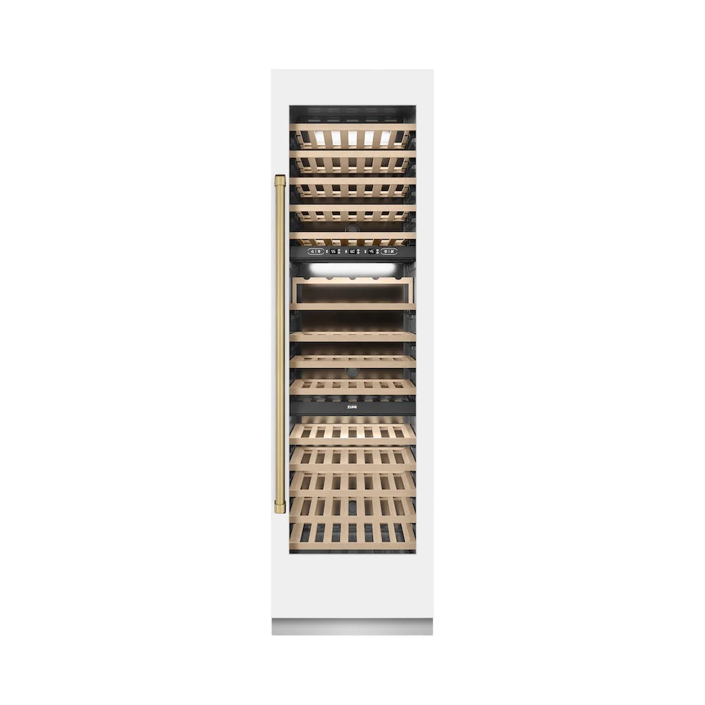ZLINE Autograph Edition 24 in. 12.4 cu. ft. Triple Zone 100 Bottle Column Wine Cooler in White Matte and Champagne Bronze Accents (RCWVZ-WM-24-CB) - Image 4