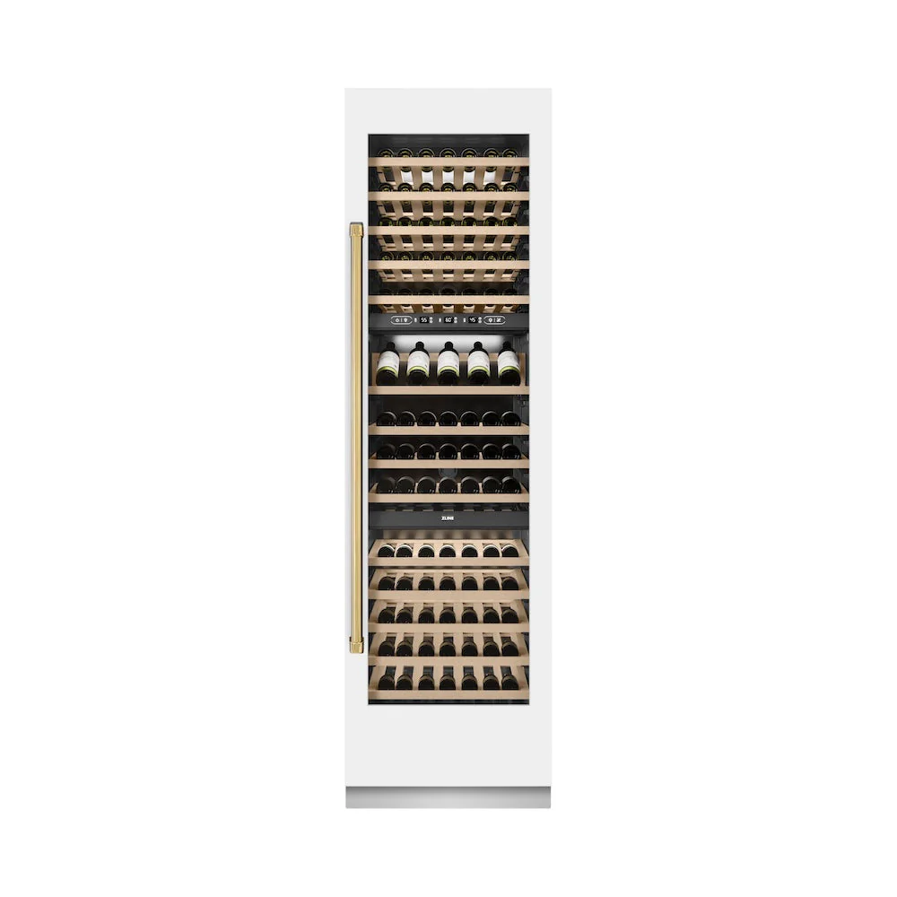 ZLINE Autograph Edition 24 in. 12.4 cu. ft. Triple Zone 100 Bottle Column Wine Cooler in White Matte and Polished Gold Accents (RCWVZ-WM-24-G) - Image 2