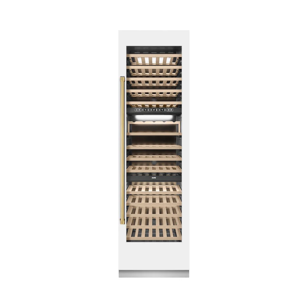 ZLINE Autograph Edition 24 in. 12.4 cu. ft. Triple Zone 100 Bottle Column Wine Cooler in White Matte and Polished Gold Accents (RCWVZ-WM-24-G) - Image 4
