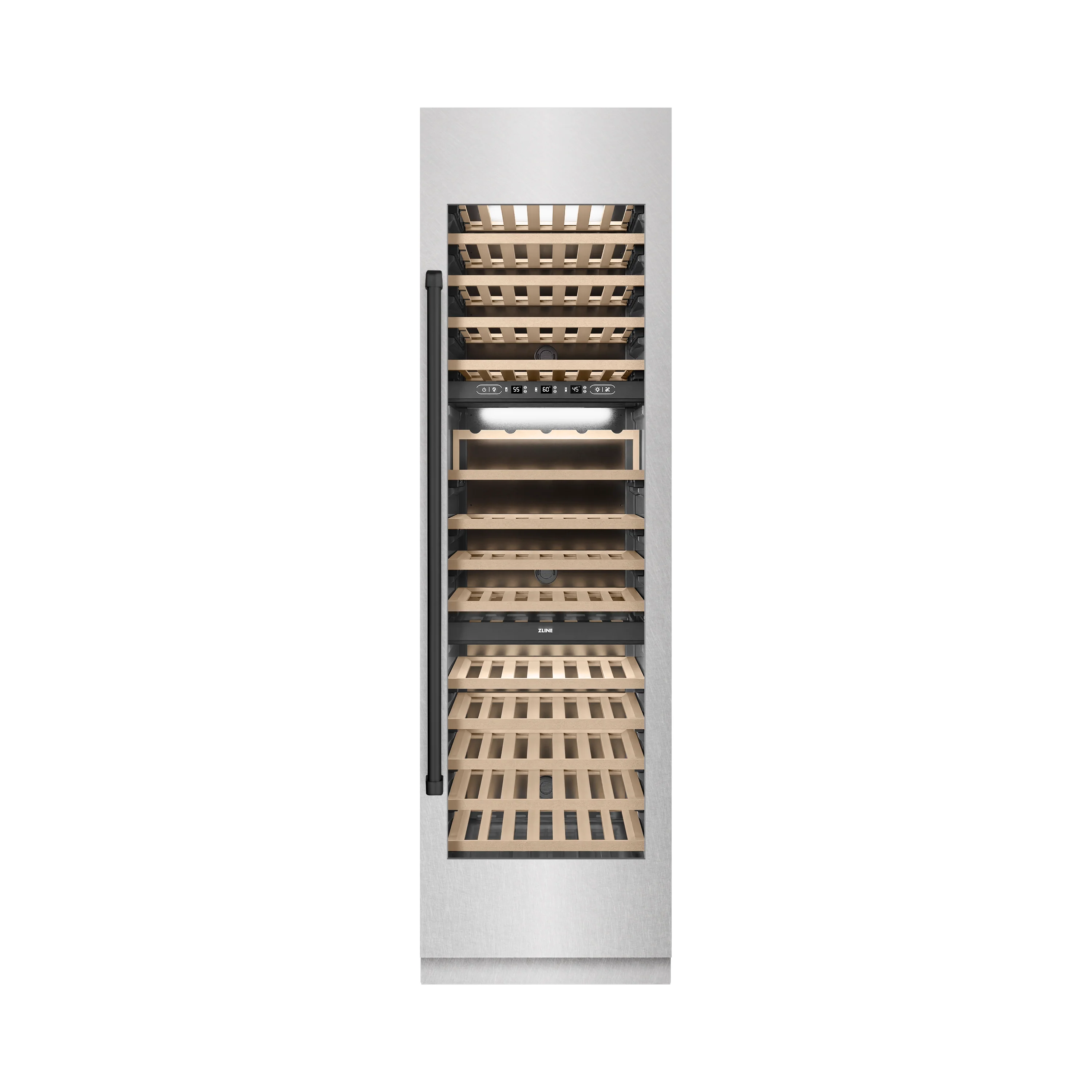 ZLINE Autograph Edition 24 in. 12.4 cu. ft. Triple Zone 100 Bottle Column Wine Cooler in Satin Stainless Steel and Matte Black Accents (RCWVZ-SN-24-MB) - Image 3