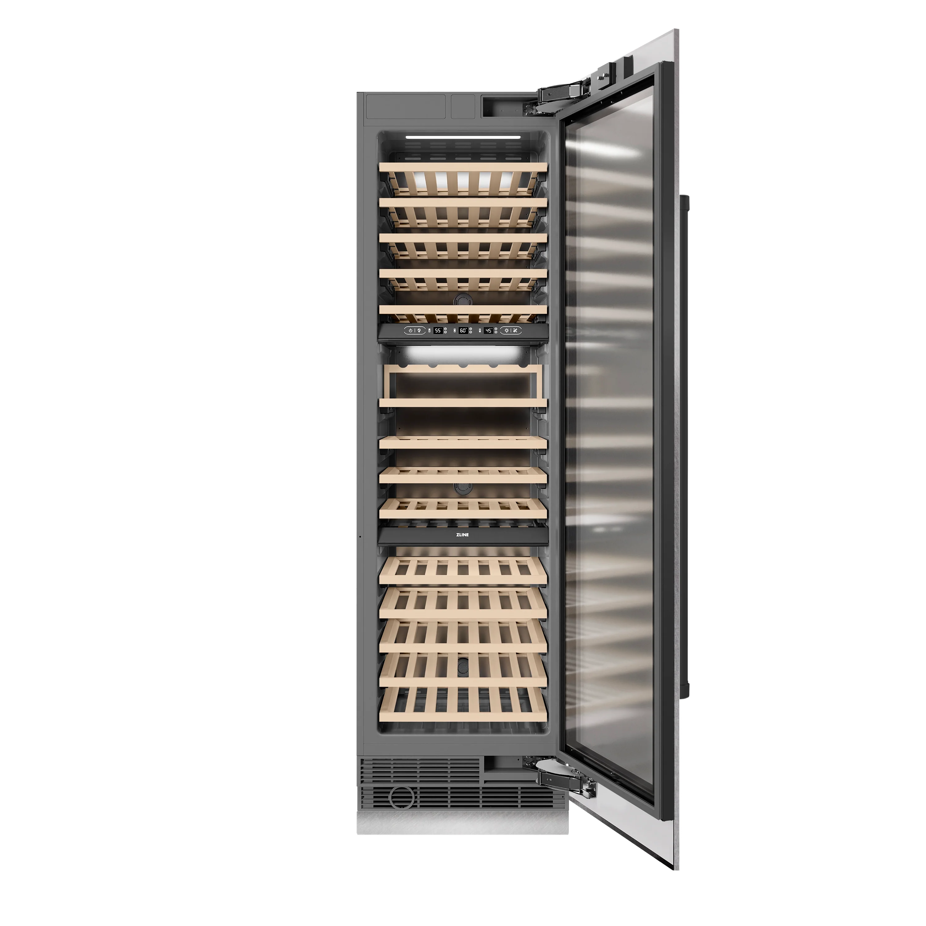 ZLINE Autograph Edition 24 in. 12.4 cu. ft. Triple Zone 100 Bottle Column Wine Cooler in Satin Stainless Steel and Matte Black Accents (RCWVZ-SN-24-MB) - Image 4