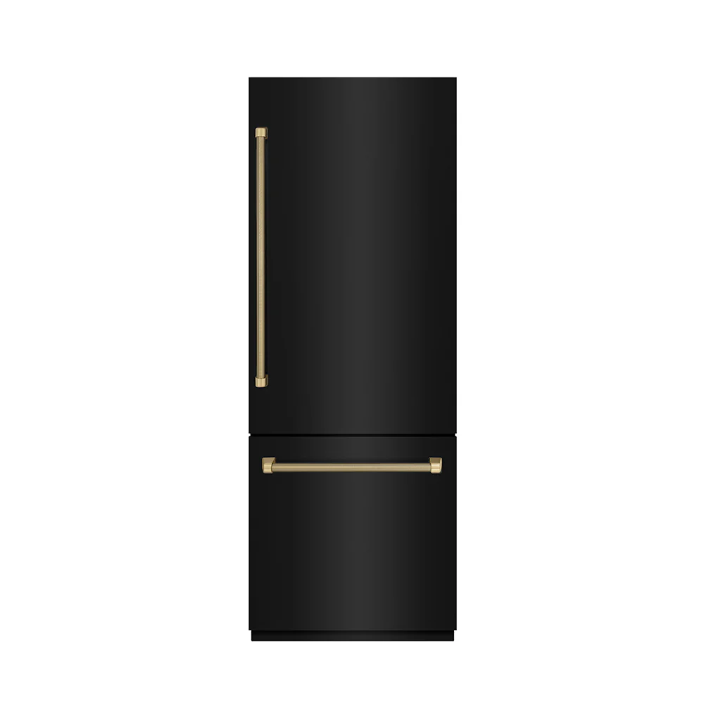 ZLINE Autograph Edition 30 in. 16.1 cu. ft. Built-In Bottom Freezer Refrigerator with Water Dispenser and Ice Maker in Black Stainless Steel with Graphite Gray Interior and Champagne Bronze Helix Handles (GRBIVZ-BS30KCB) - Image 3