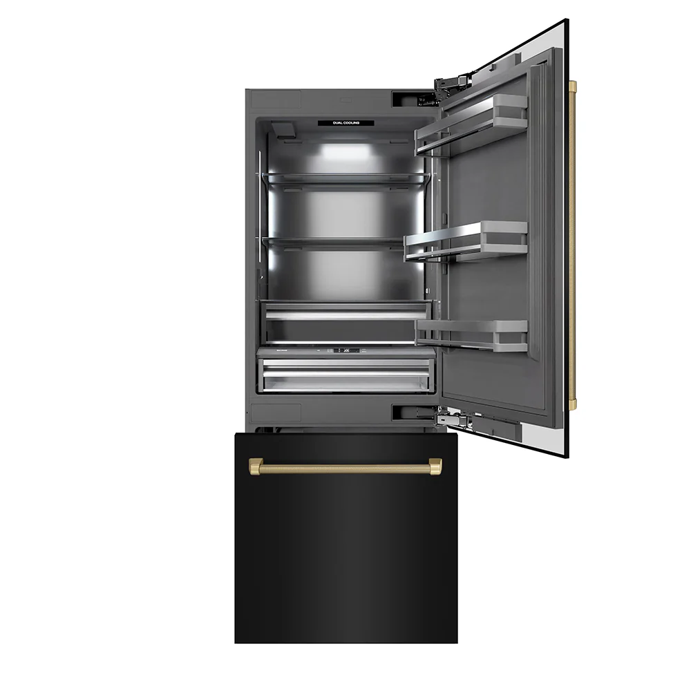ZLINE Autograph Edition 30 in. 16.1 cu. ft. Built-In Bottom Freezer Refrigerator with Water Dispenser and Ice Maker in Black Stainless Steel with Graphite Gray Interior and Champagne Bronze Helix Handles (GRBIVZ-BS30KCB) - Image 4