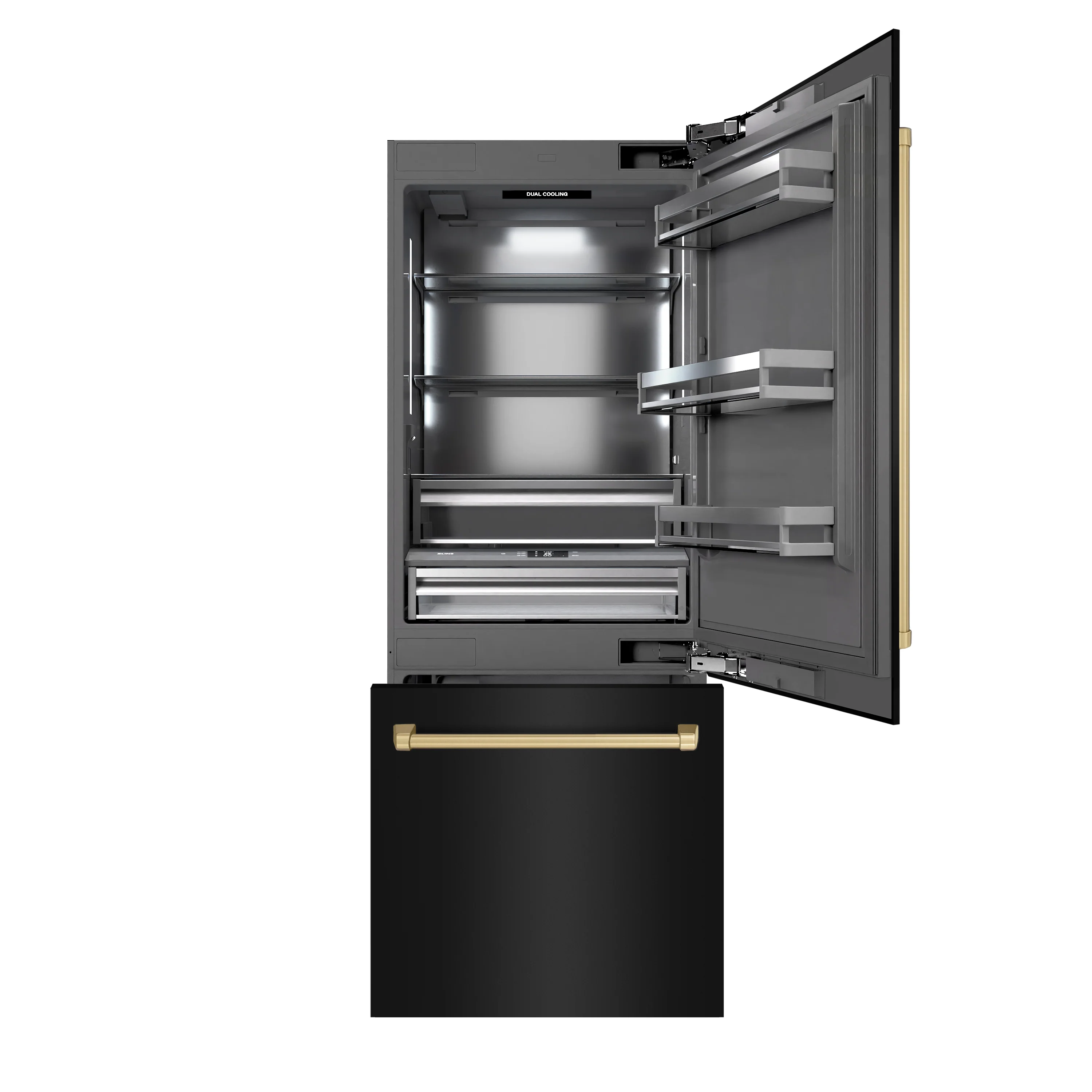 ZLINE Autograph Edition 30 in. 16.1 cu. ft. Built-In Bottom Freezer Refrigerator with Water Dispenser and Ice Maker in Black Stainless Steel with Graphite Gray Interior and Polished Gold Accents (GRBIVZ-BS-30-G) - Image 5