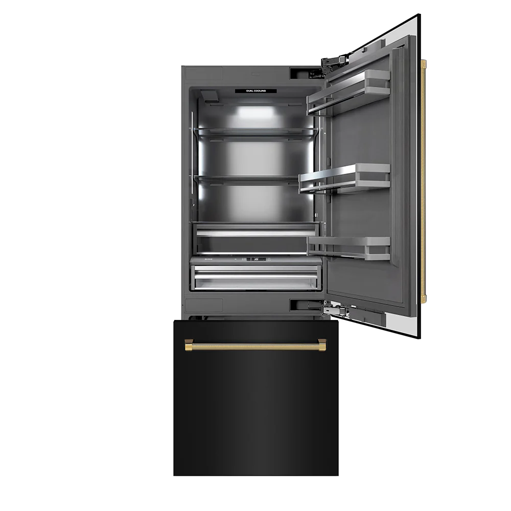 ZLINE Autograph Edition 30 in. 16.1 cu. ft. Built-In Bottom Freezer Refrigerator with Water Dispenser and Ice Maker in Black Stainless Steel with Graphite Gray Interior and Polished Gold Helix Handles (GRBIVZ-BS30KG) - Image 4