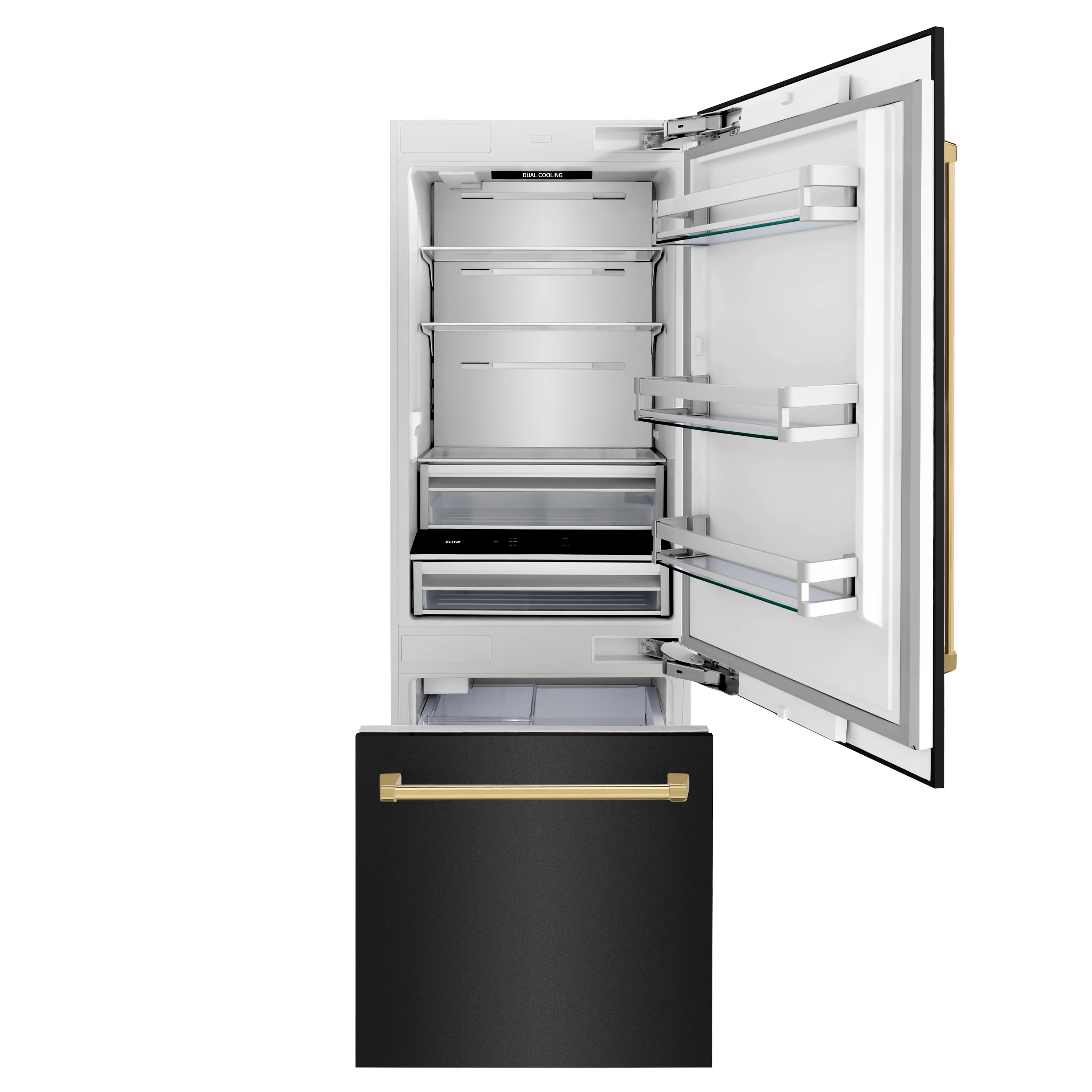 ZLINE Autograph Edition 30 in. 16.1 cu. ft. Built-In Bottom Freezer Refrigerator with Water Dispenser and Ice Maker in Black Stainless Steel with Polished Gold Accents (RBIVZ-BS-30-G) - Image 8