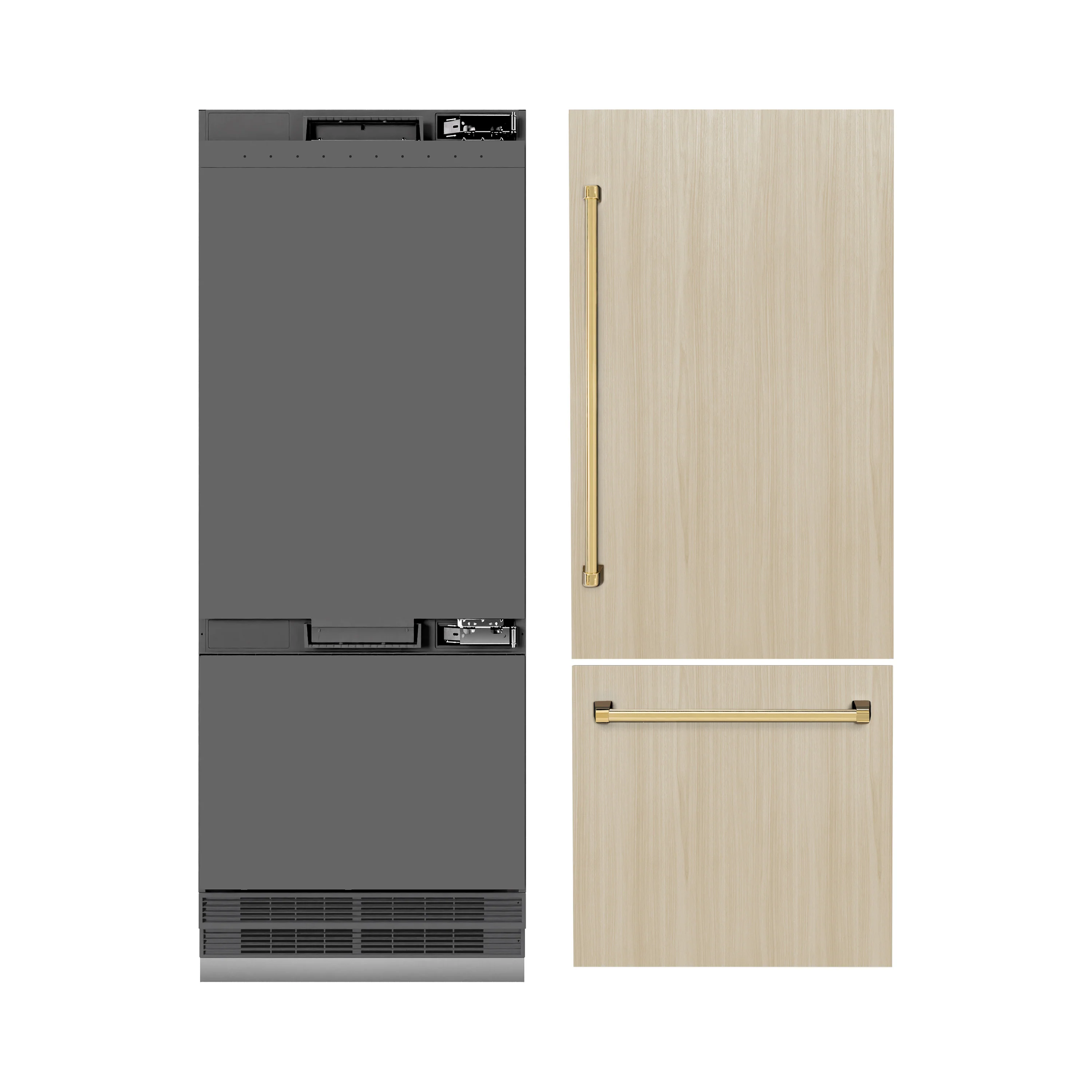ZLINE Autograph Edition 30 in. 16.1 cu. ft. Panel Ready Built-In Bottom Freezer Refrigerator with Water Dispenser and Ice Maker with Graphite Gray Interior and Polished Gold Accents (GRBIVZ-30-G) - Image 4